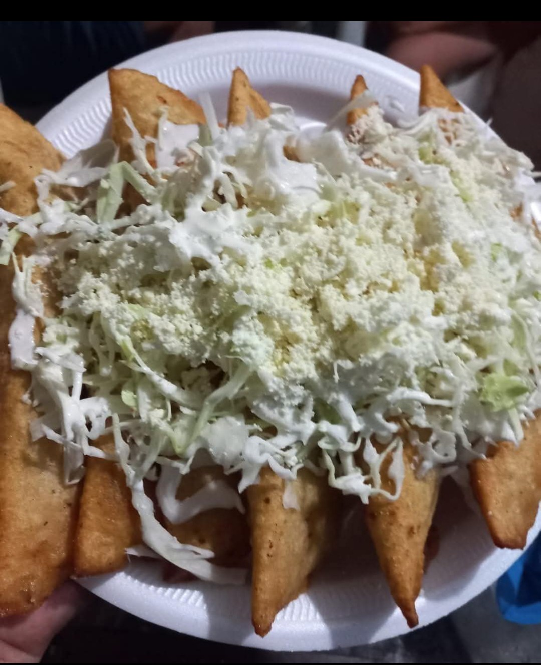 Fried flautas piled with shredded cabbage, crema and crumbled cheese